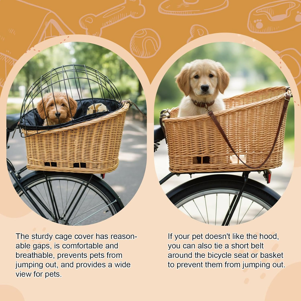 Rear Bike Basket for Dogs, Wicker Pet Bicycle Carrier for Small Dog Cat with Protective Grille Liner Eco Friendly Natural Rattan Doggy Back Luggage Rack Seat (Brown Style1)