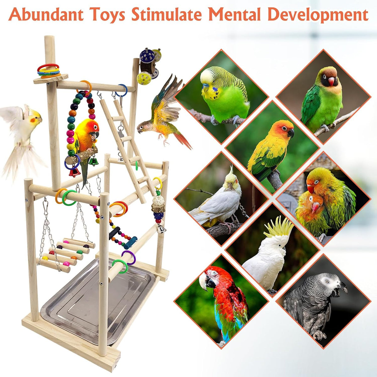 Hamiledyi Natural Wood Bird Playground - Large 3-Tier Perch Stand with Exercise Platforms Durable Activity Gym for Parrots, Cockatiels and Small Birds Bird Stand with Ladders and Swings