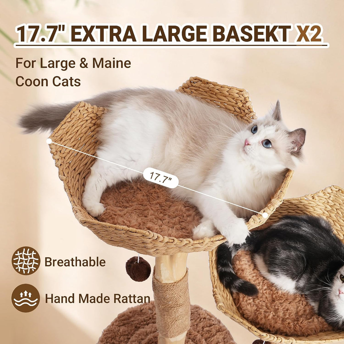 Modern Cat Tree Tower 50” with 2 Handmade Baskets and Large Condo