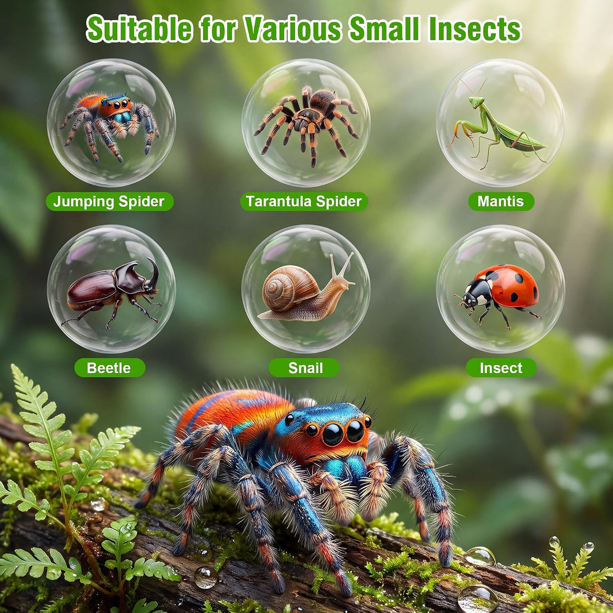Escape-Proof Jumping Spider Enclosure Kit, Clear Acrylic Terrarium with Micro Vents and Front Opening, 3D Printed Detachable Magnetic Mushroom Hide Decor for Jumping Spiders, Tarantulas & Mantis