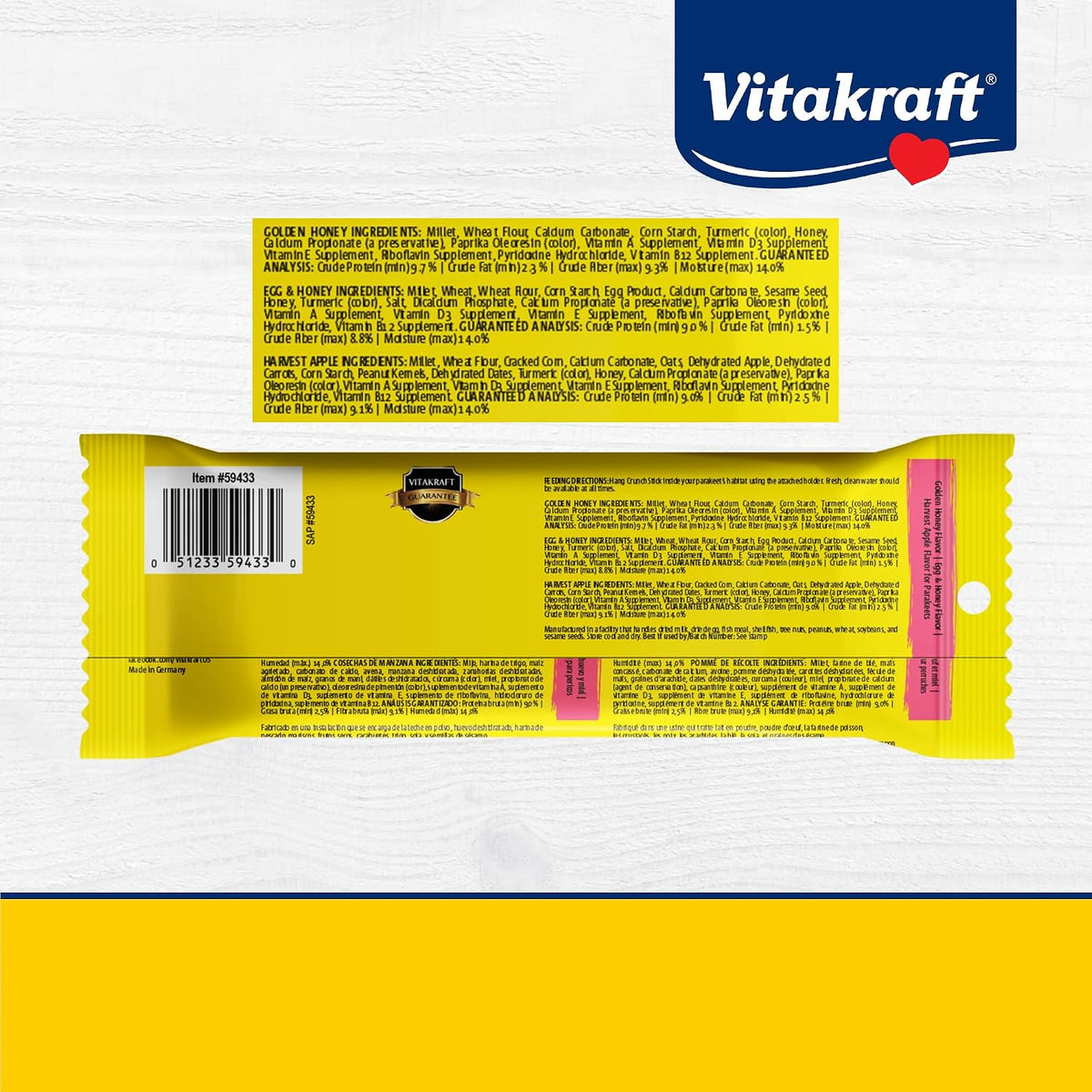 Vitakraft Crunch Sticks Parakeet Treat - Triple-Baked Millet Parakeet Treats with Natural Wood Center - Crunchy & Nutritious Bird Treat Sticks for Small Animals (12 Count, Honey, Egg, and Apple)