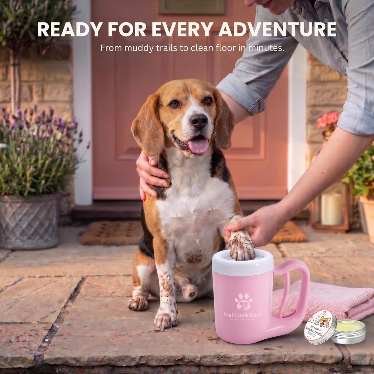 Dog Paw Cleaner, Paw Washer Cup with Soft Silicone Bristles, Portable Dog Foot Washer, 4-in-1 Paw Cleaner Kit with Paw Balm, Microfiber Towel & Grooming Brush (Pink Medium)