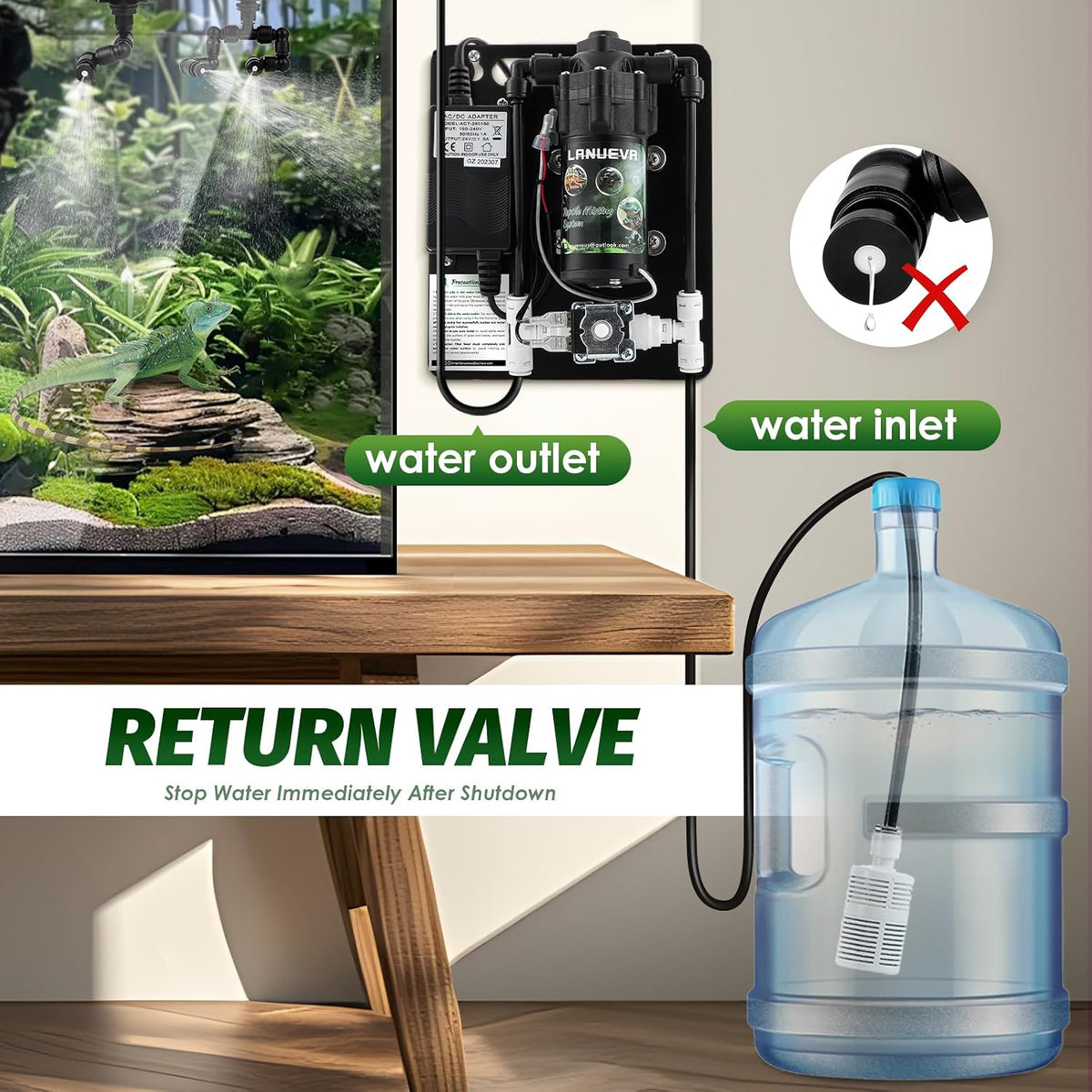 LANUEVA Reptile Humidifier Misting System with 6 Nozzles for Terrarium