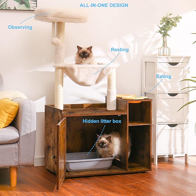 Hey-brother Cat Tree with XL Litter Box Enclosure, All-in-one Cat Tower - Image 2