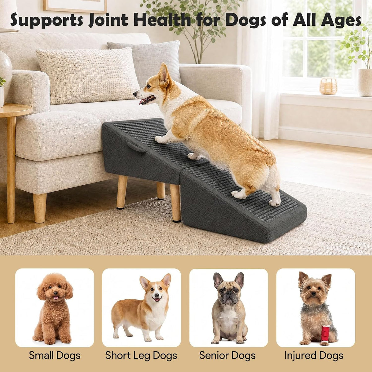 2-1 Foldable Dog Ramp & Ottoman for Couch and Low Bed 16" H