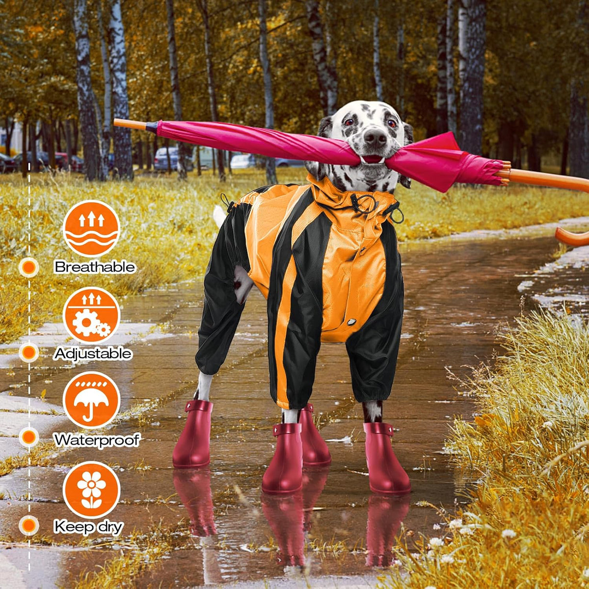 Dog Raincoat, 4 Leg Waterproof Dog Rain Jacket with Hood, Orange M