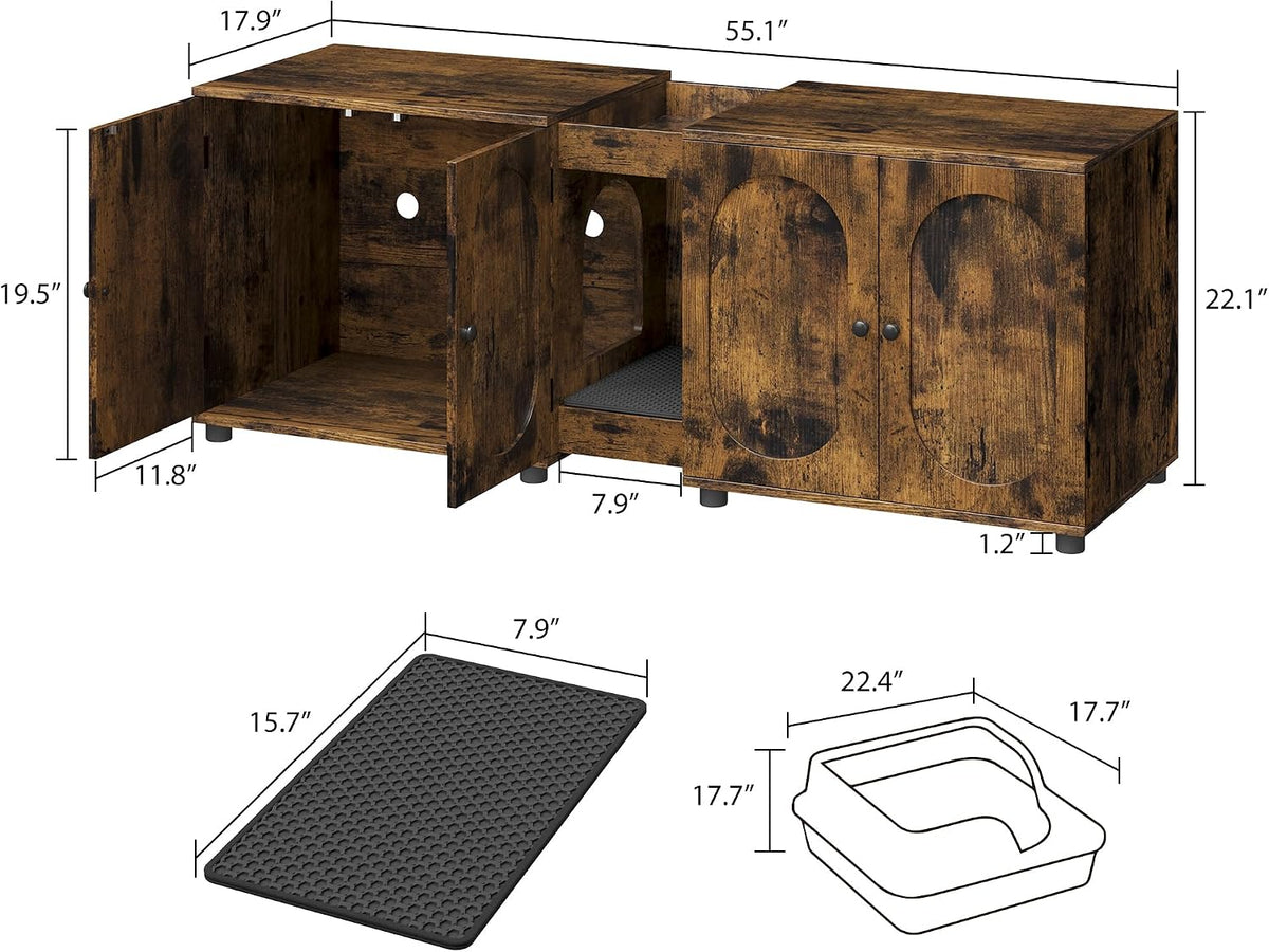 Garvee 55.1" Double Litter Box Enclosure, Retro Cat Box Furniture for 2 Cats, Cat Litter Box Furniture Hidden with Cat Scratch Pad, Large Indoor Pet House with Double Room, Retro Brown Color
