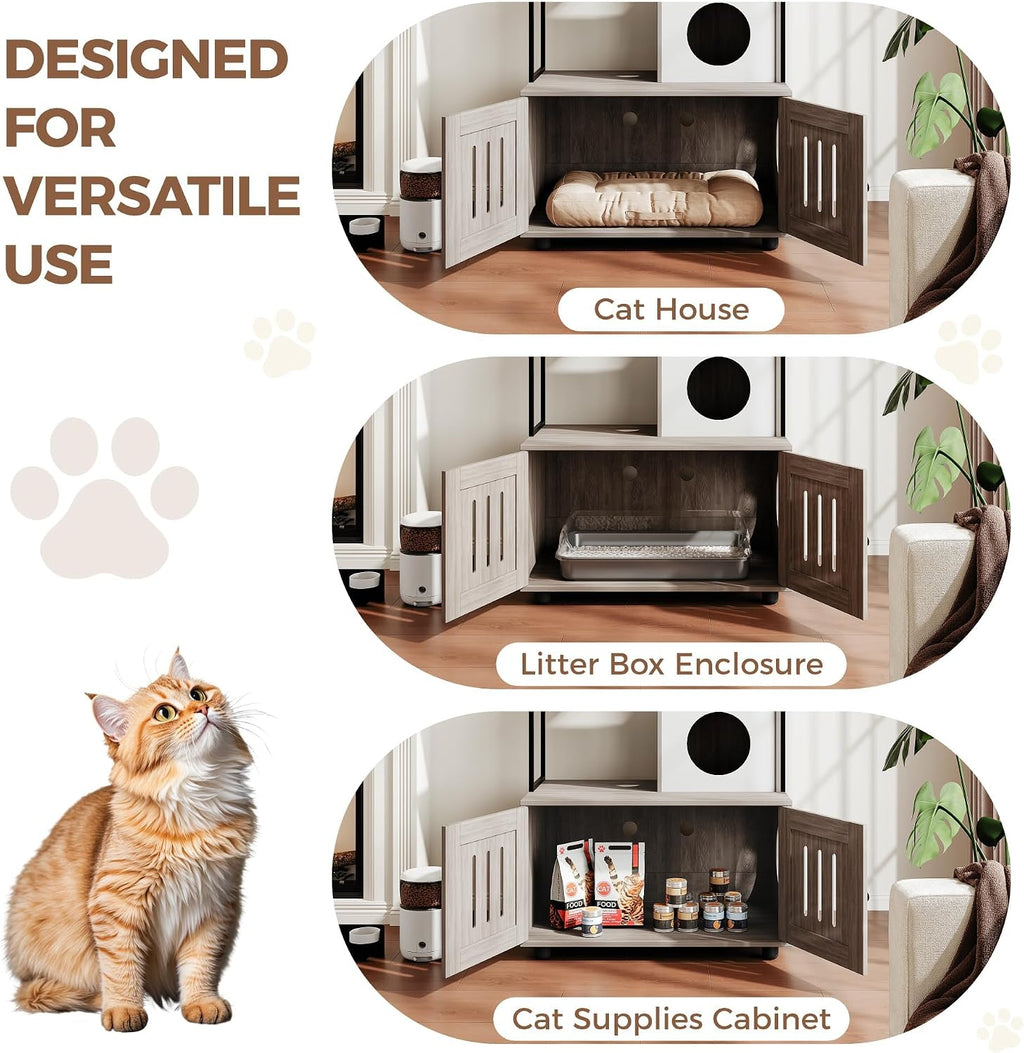 Hidden Cat Litter Box Enclosure Furniture with Storage Rack and Hammock