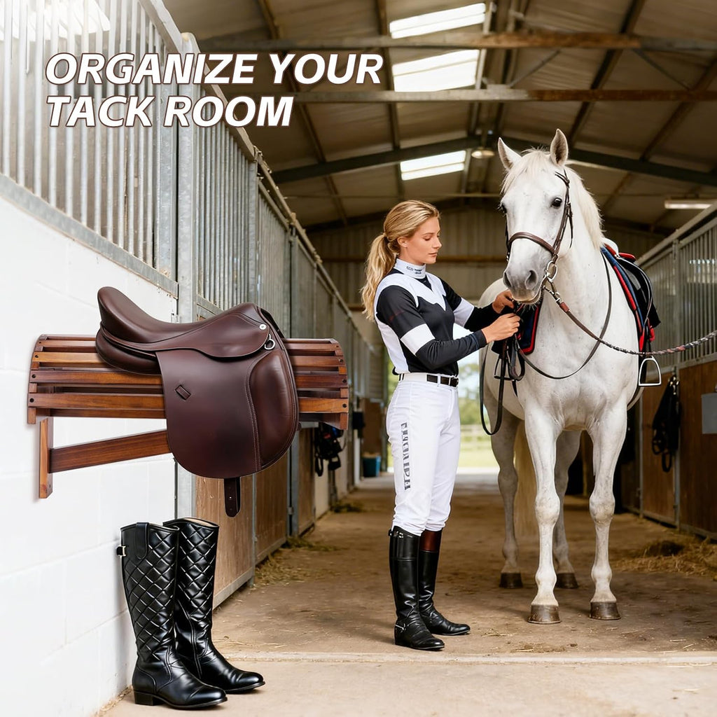 Wall-Mounted Wood Saddle Rack – Space-Saving Design with Reinforced Crossbars, Non-Abrasive Surface, Heavy-Duty Storage for Tack Room Organization, 23.6"x11.9"x13.3"