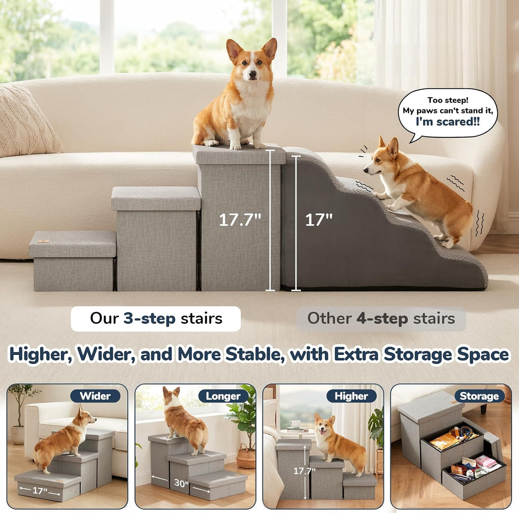 3-Step Dog Stairs for Large Dogs with Storage 18" H, Light Grey