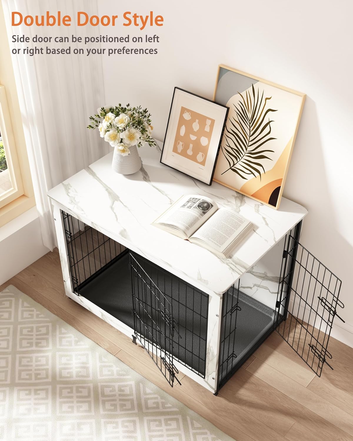 Megidok Wooden Dog Crate Furniture with Cushion,Large Dog Crate End Table with Tray, Double Doors Kennels Indoor (37" L*25" W*26" H, Marble White)