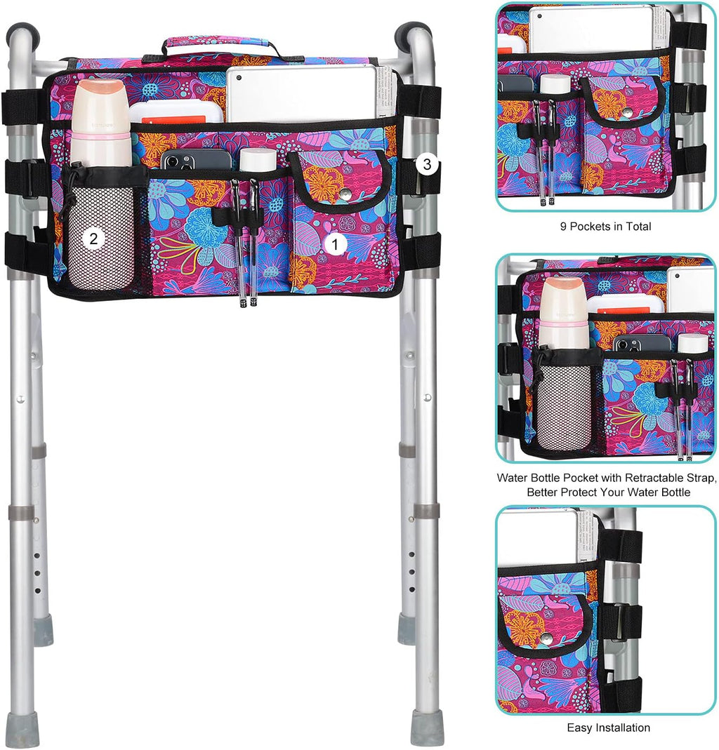 Walker Bag for Seniors-supregear Folding Walker Accessories Bag (Double Sided), Walker Basket Caddy Large Capacity Waterproof Tote with 9 Pockets and Cup Holder