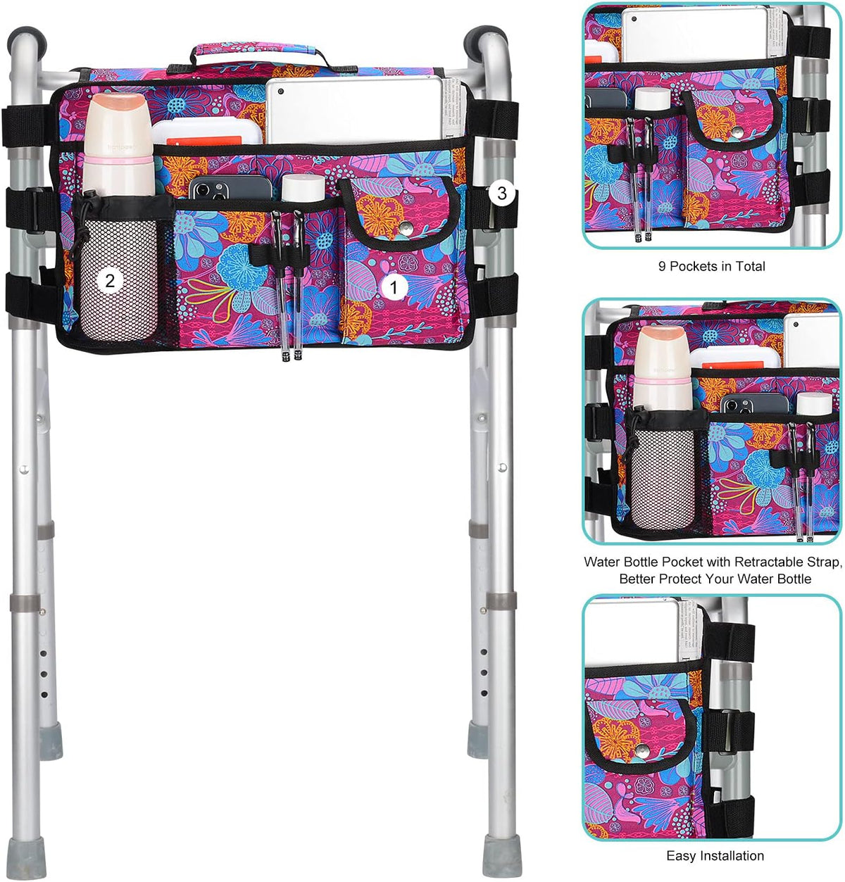 Walker Bag for Seniors-supregear Folding Walker Accessories Bag (Double Sided), Walker Basket Caddy Large Capacity Waterproof Tote with 9 Pockets and Cup Holder