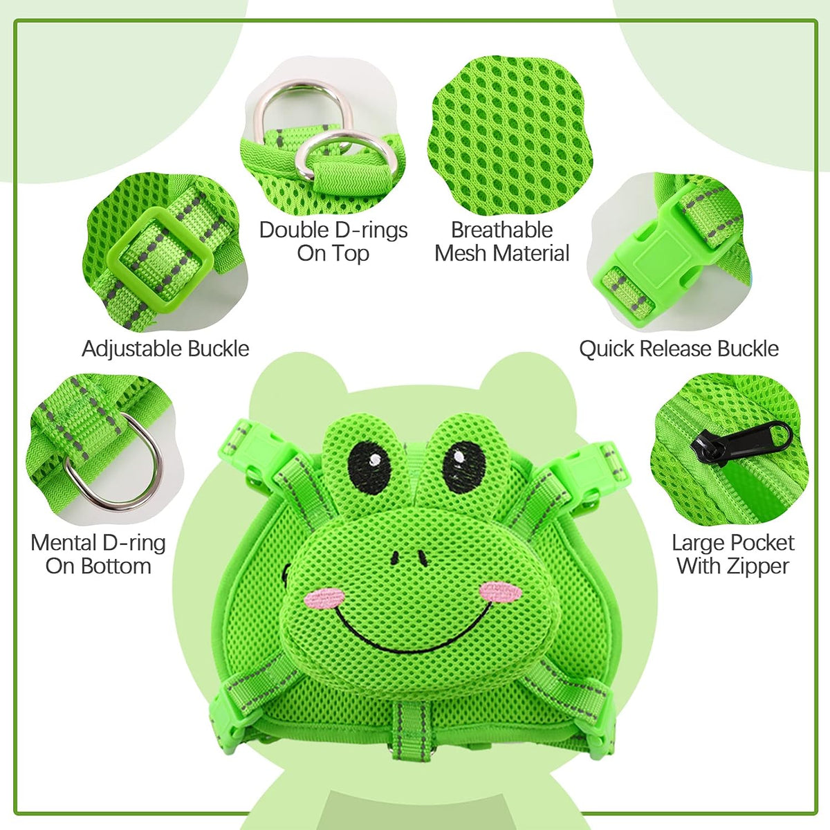 Dog Backpack Harness, No-Pull Dog Backpack with D-Ring,Frog,XS