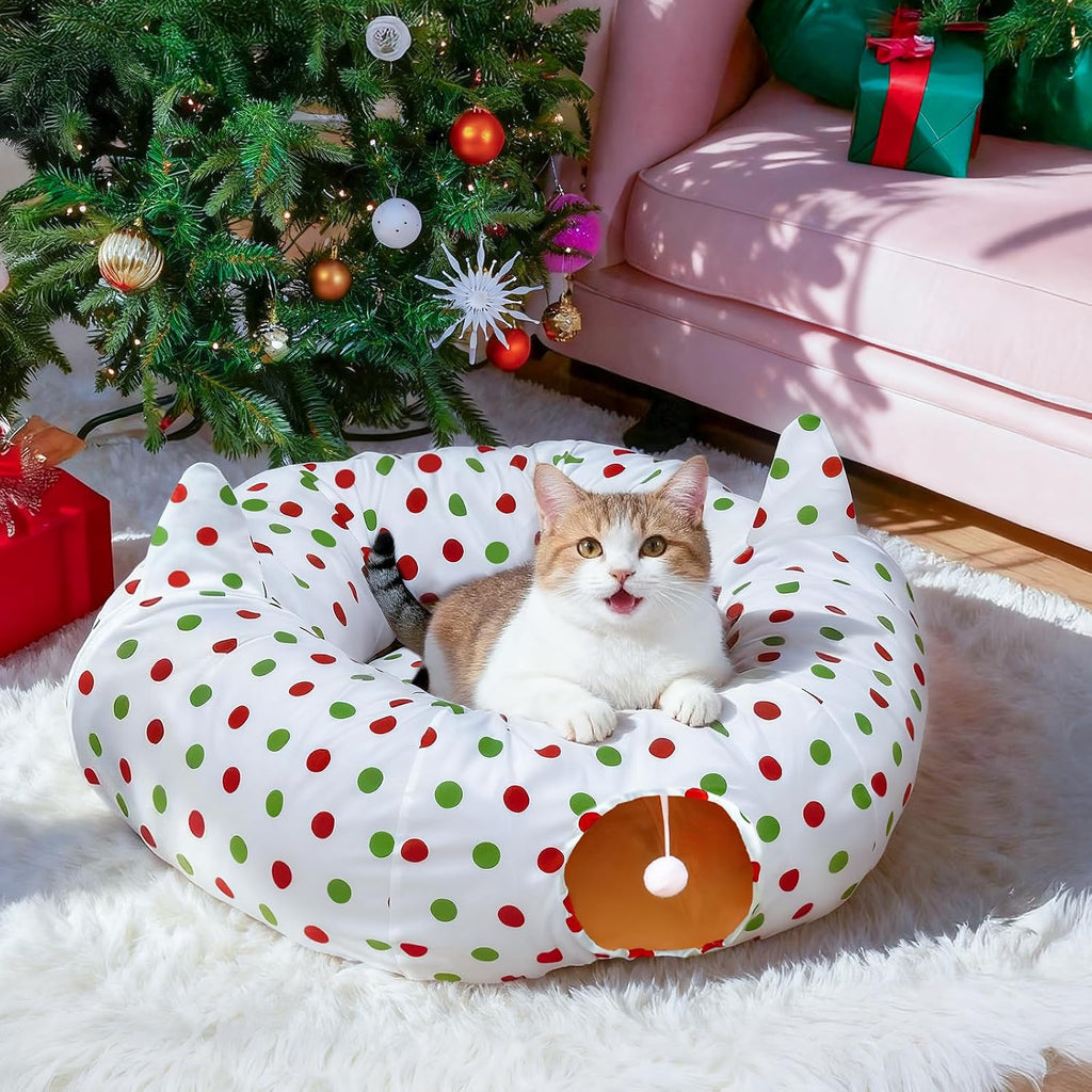 Cat Tunnels for Indoor Cats 35.4'', Circle Polka Dots Christmas Tree Skirt