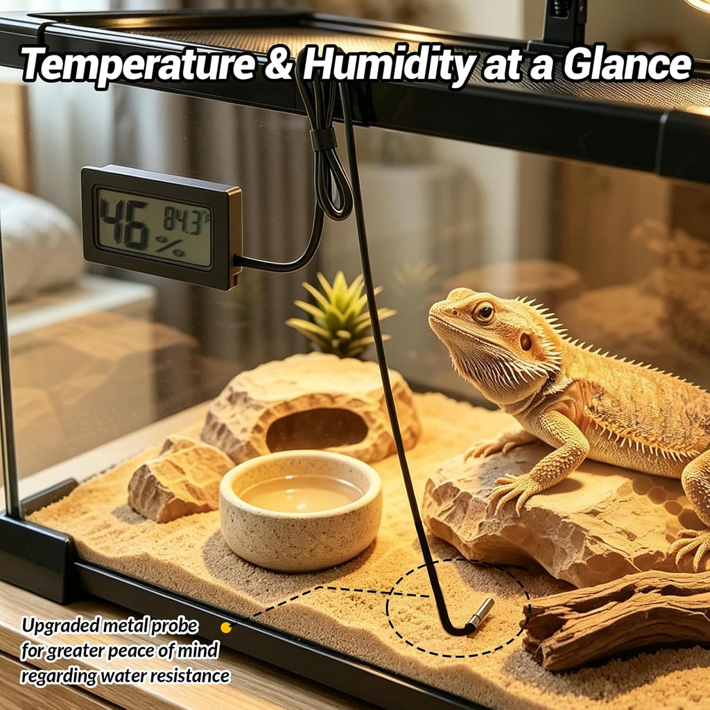Dual-Head Reptile Heat Lamp with Timer & Waterproof Metal Probe Hygrothermograph, 2×25W UVA UVB Basking Light for Turtle Lizard Snake Bearded Dragon
