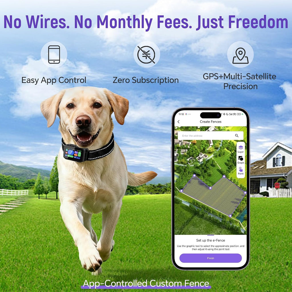 GPS Wireless Dog Fence - Free App Control, No Monthly Fee, Custom Polygon Boundary & Remote Training, Virtual Fence for Dogs 10-120 lbs, Black