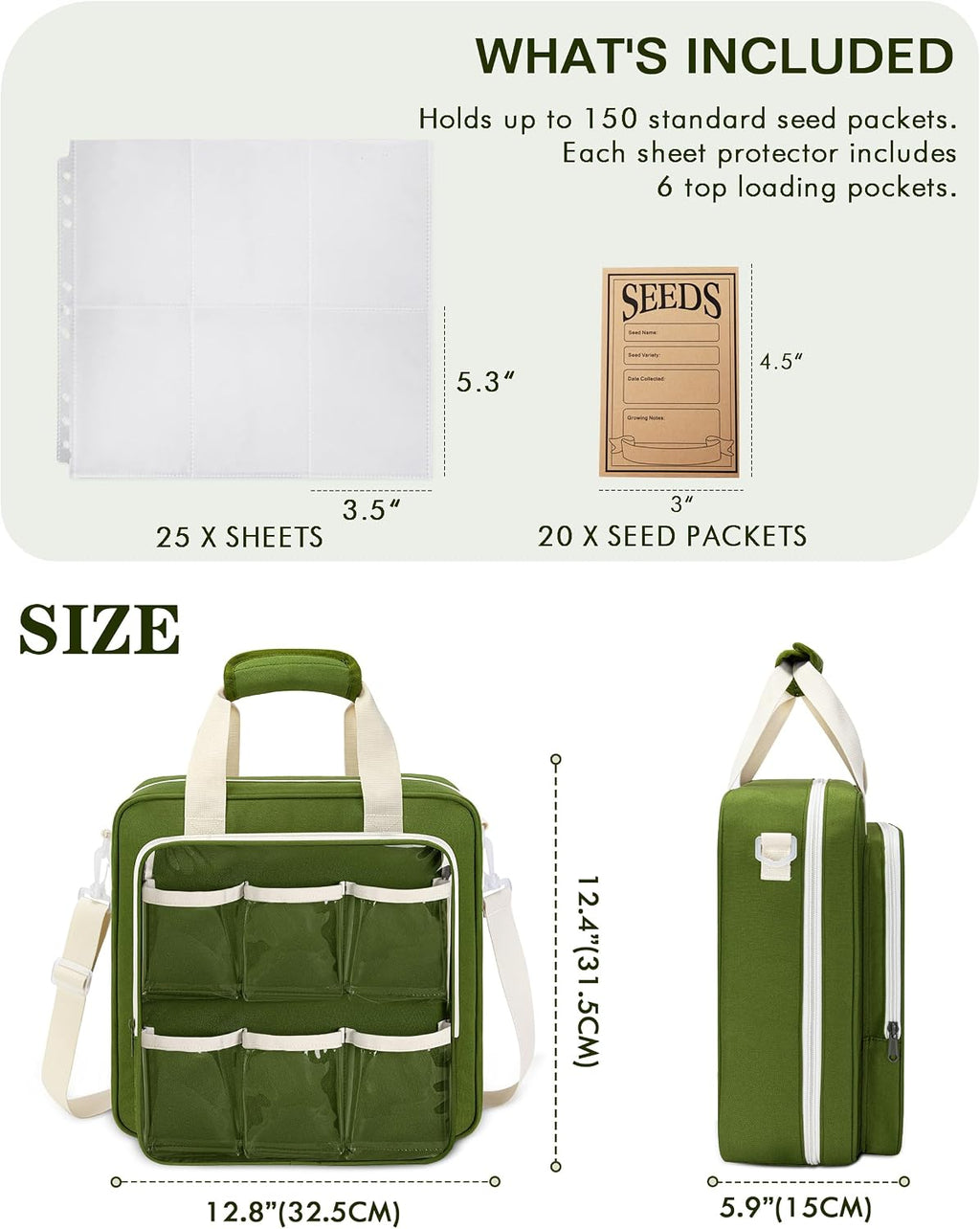 Seed Storage Organizer Binder, Seed Packet Organizer Bag, Green