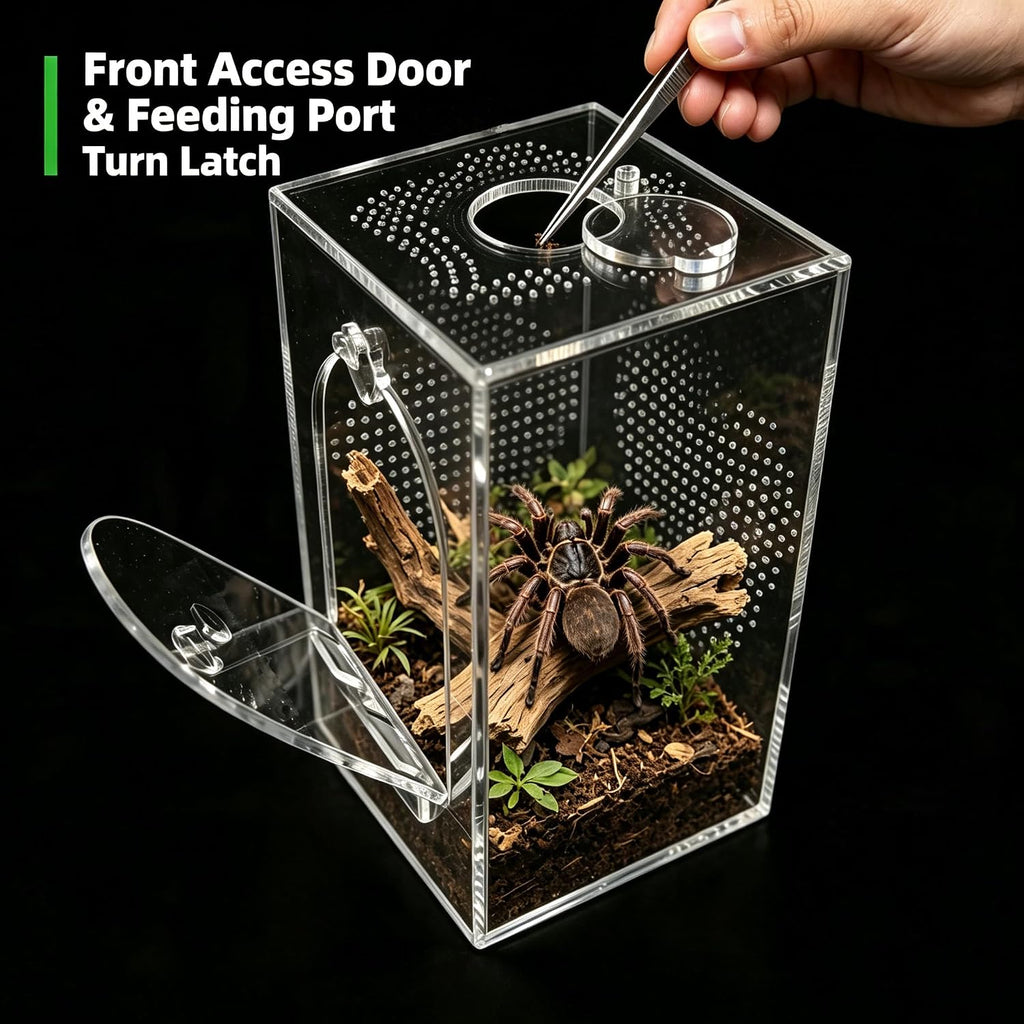Cycodo Jumping Spider Enclosure,Seamless Escape-Proof Tarantula Terrarium,Anti-Warp Thickened Acrylic Insect Cage with Front Door & Feeding Port for Mantis,Hermit Crabs,Snail,Micro Reptile,5 * 5 * 8"