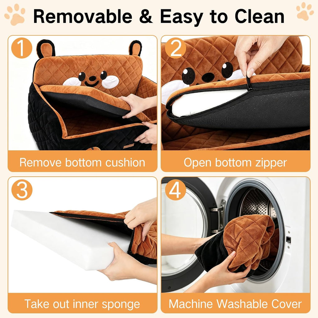 Large Dog Car Seat for Dogs up to 55 lbs or 2 Small Dogs, High-Density Foam Pet Travel Bed with Ultra-Soft Plush, Detachable Washable Cover, 2 Safety Leashes, Storage Pockets, Back Seat Use