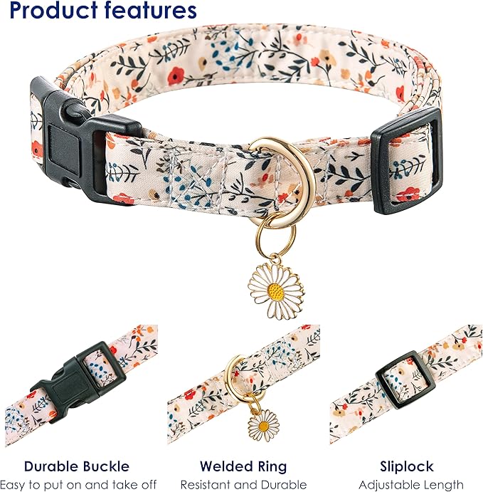 Cute Dog Collar Beige Flower Pattern - Image 3