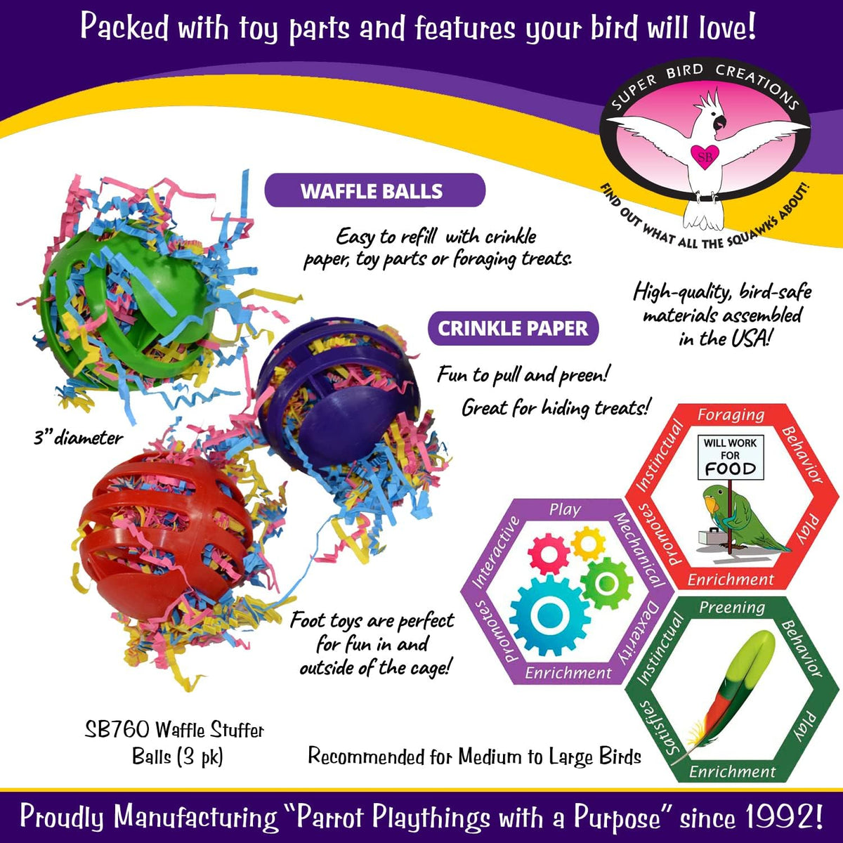 Super Bird Creations SB760 Waffle Ball Stuffers Toy, Colorful Bird Toys with Crinkle Shred, Satisfies Pulling & Preening, Relieves Boredom, Ideal Foraging Toys for Parrots, Medium/Large Birds Set of 3