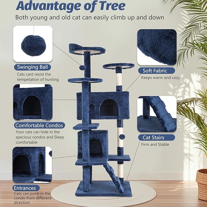 FDW | 54" Cat Tree Tower | Dark Blue | Multi-Level Indoor Activity Center - Image 3