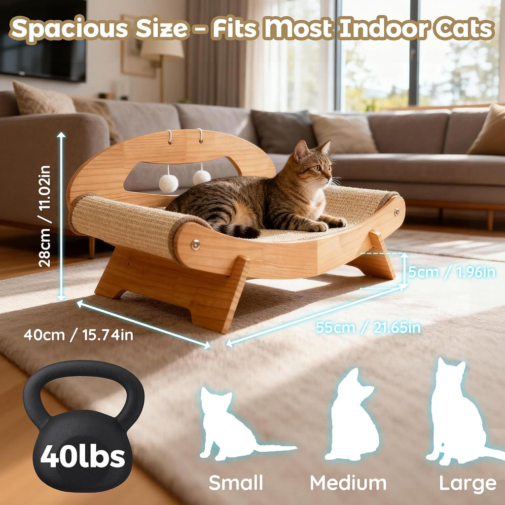 LECHONG 3-in-1 Large Sisal Cat Scratch Bed, Thicker Natural Sisal 22” Elevated Wooden Frame Hammock Lounge for Indoor Cats Sleep, Scratch & Play