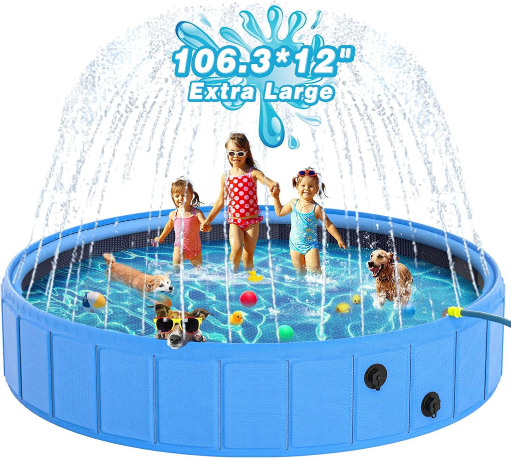 EPN Large Foldable Dog Pool – Heavy Duty Portable 2-in-1 Pet Pool Bathtub & Dog Sprinkler Pool, 0.55MM PVC Non-Slip Bottom, Outdoor Summer Water Toy for Dogs, Cats, Kids (106'')