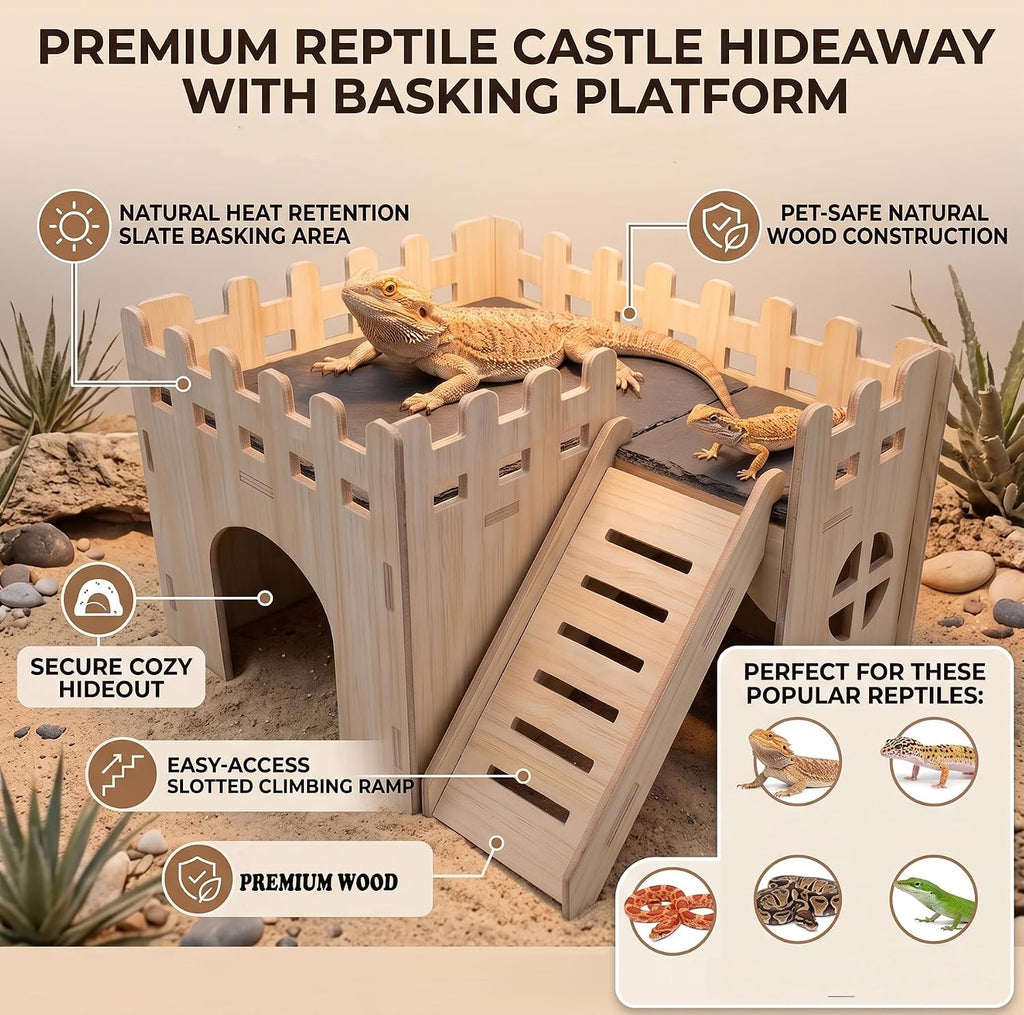 Bearded Dragon Hide Cave Basking Platform - with Climbing Ramp,Wooden Lizard Hideout Accessories Terrarium Decor, Reptile Basking Platform Accessories for Bearded Dragons, Geckos, Snakes & Turtles