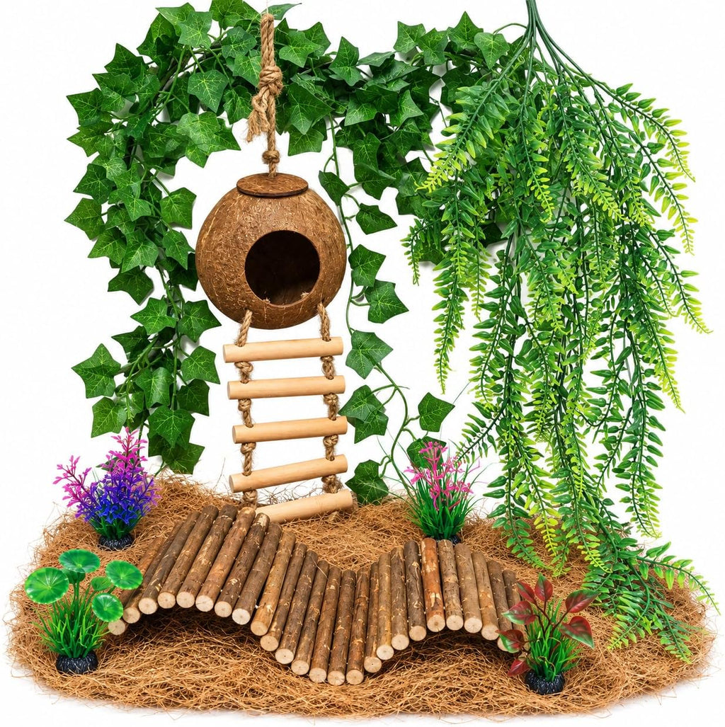 Crested Gecko Tank Accessories, Reptile Hide, Climbing Vines, Hanging Plants, Coconut Shells & Bridge for Leopard Gecko
