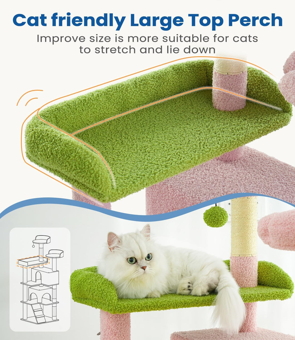 Cat Tree Tower 56in Cat Trees Multi-Level Cat Condos with Spacious Perch, 2 Cozy Condos, Scratching Posts, Climbing Ladder, Toy Ball, Durable Pet House Furniture for Indoor Kittens, Pink Green Flower