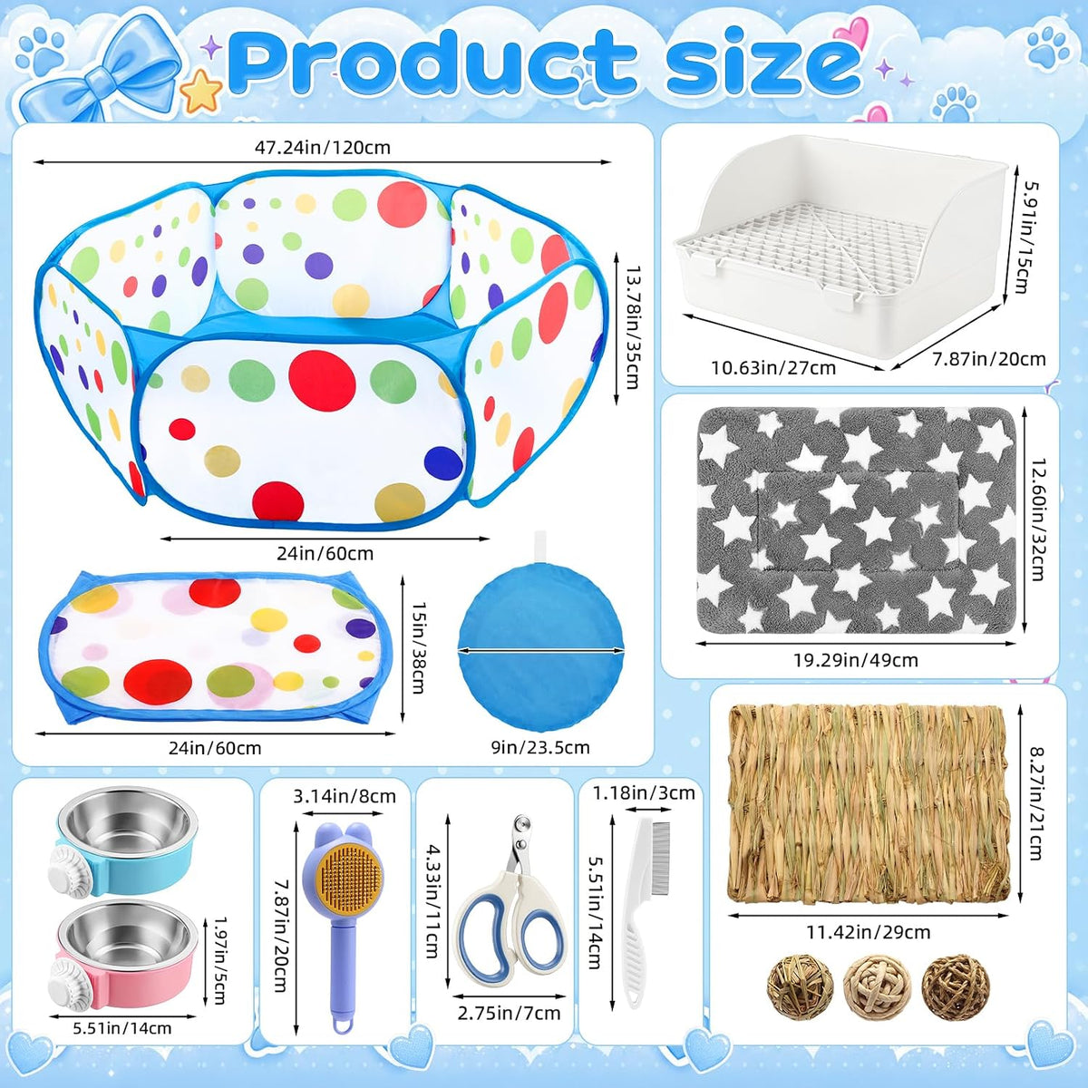 12 Pcs Bunny Starter Kit Gift, Bunny Grooming Set, Blue, Dot
