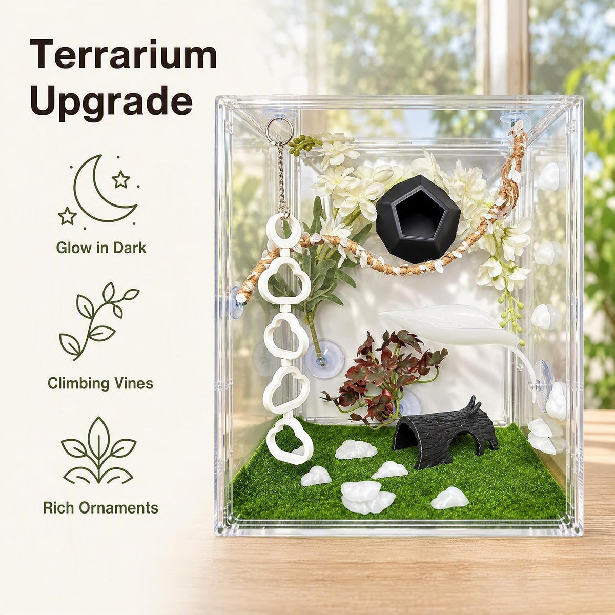9-Piece Crested Gecko Tank Accessories Set, White Reptile Terrarium Decor with Bendable Vines, Artificial Plants, Climbing Ladder, Leaf Platform and Hideouts for Geckos and Lizards