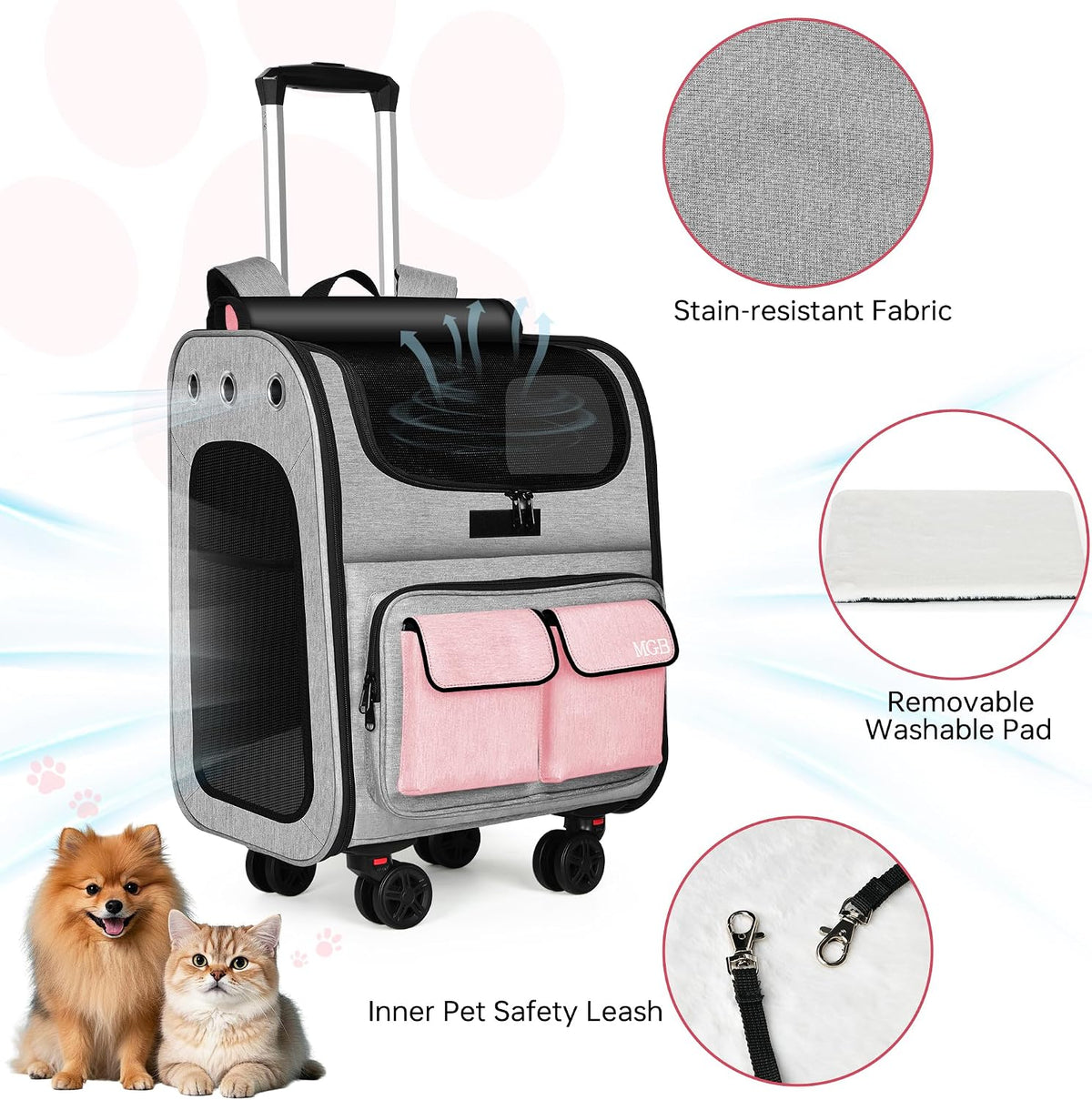 MGB Foldable Rolling Pet Carrier with Wheels Pink(Not for Airline)
