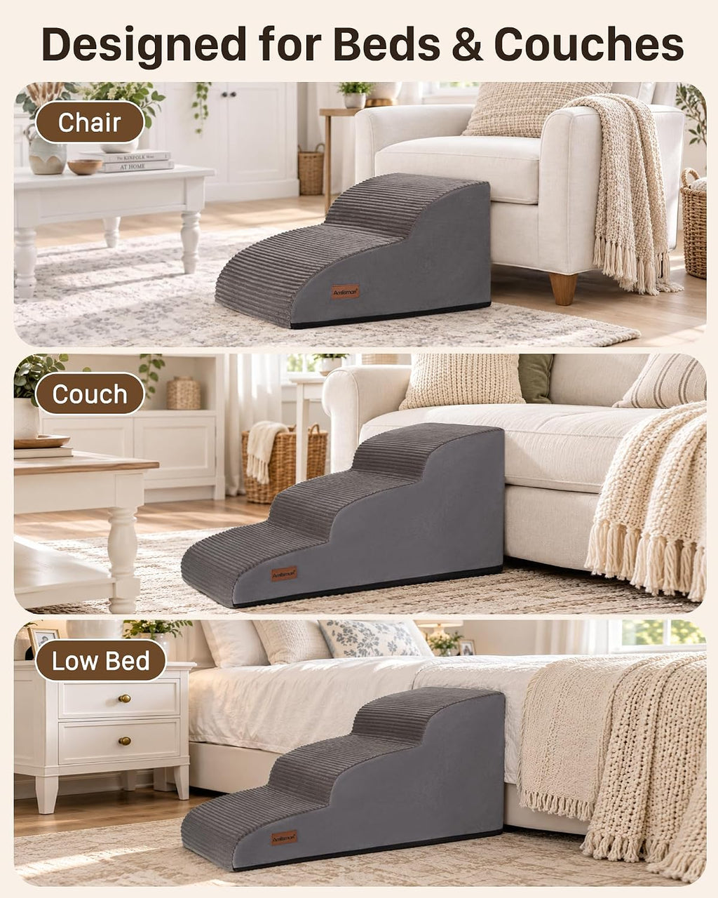 Aodisman 3-Step Dog Stairs for Small Dogs, 16" H Pet Stairs for Couch & Bed