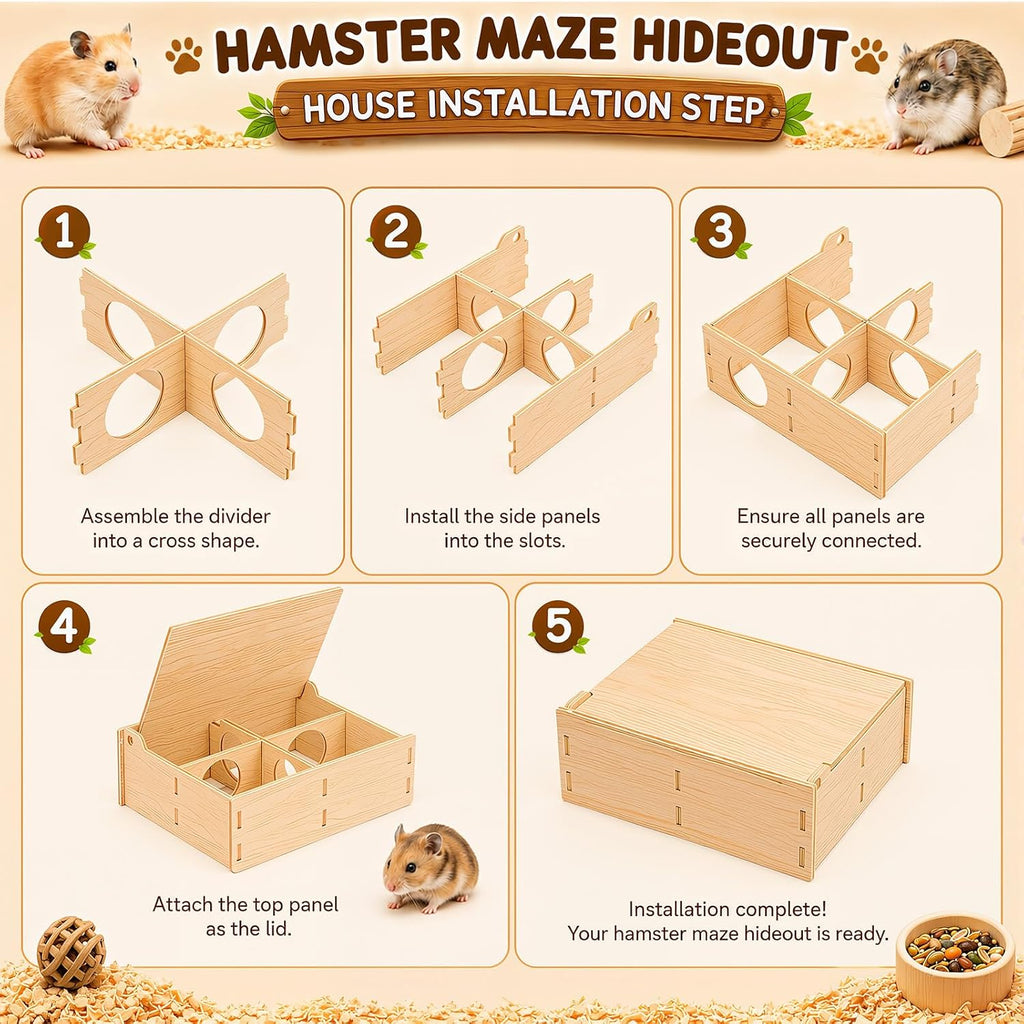 Novabright 5 Pcs Hamster Platform Set Including Wooden Hideout Tunnel Toy Multi Chamber Secret Climbing Ladder Bridge Wooden House Cage Accessories for Small Animal Gerbils Dwarf Syrian