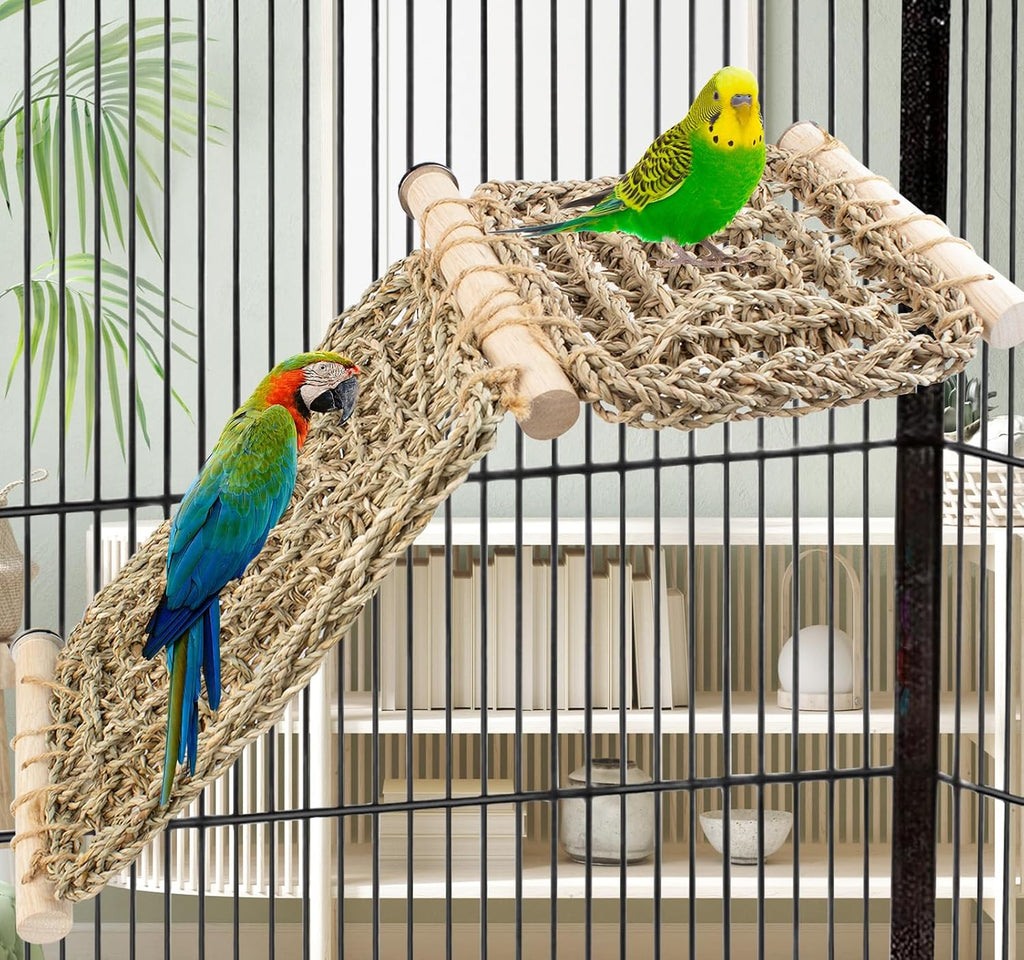 FlidRunest Bird Perch Platform with Climbing Ladder, Parrot Chewable Natural Seagrass Woven Hammock, Parakeet Cage Accessories Playing Gyms Exercise Sturdy for Cockatiels, Lovebirds, Budgies