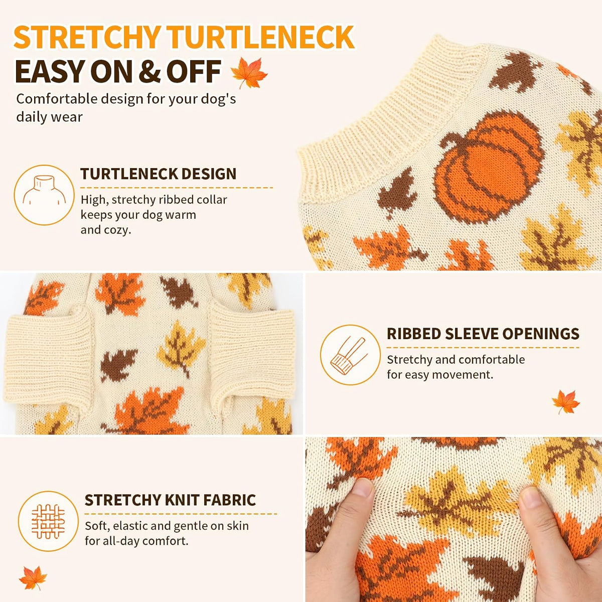 Thanksgiving Dog Sweater, Pumpkin Maple Leaf Fall Pattern, XL