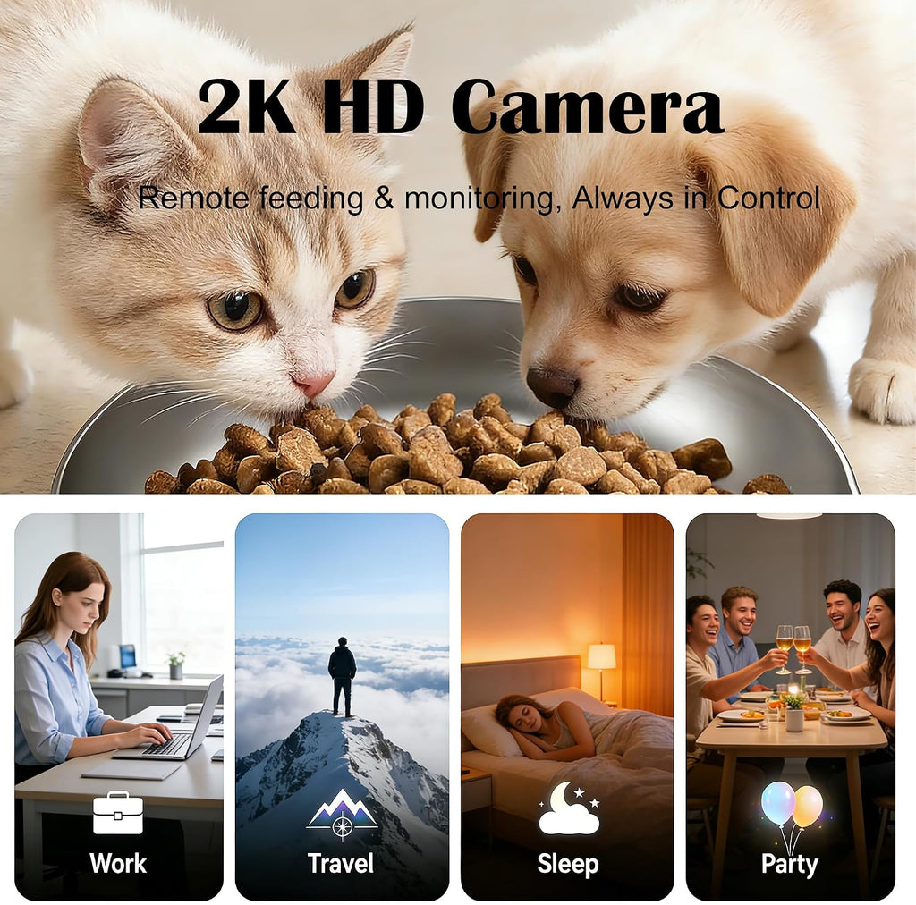 Automatic Cat Feeder with 2K Camera: Cat Food Dispenser with 6L Capacity, Container for Multiple Pet; Automatic Dog Feeder with Night Vision Support 5/2.4GHz & 2-Way Audio, Anti-Jam Design (Black)