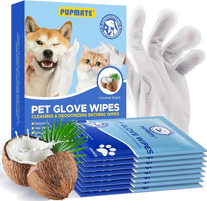 Pet Cleaning Glove Wipes for Dogs & Cats, Hypoallergenic Deodorizing Disposable by PUPMATE