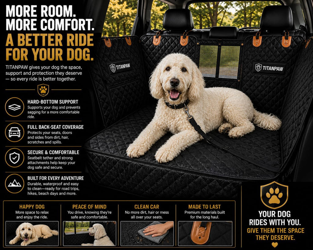 Hard-Bottom Dog Car Seat Cover for Back Seat, Flat Seat Extender for Large Dogs, Waterproof Non-Slip Pet Hammock with 400 lb Support, Fits SUVs, Trucks & Cars