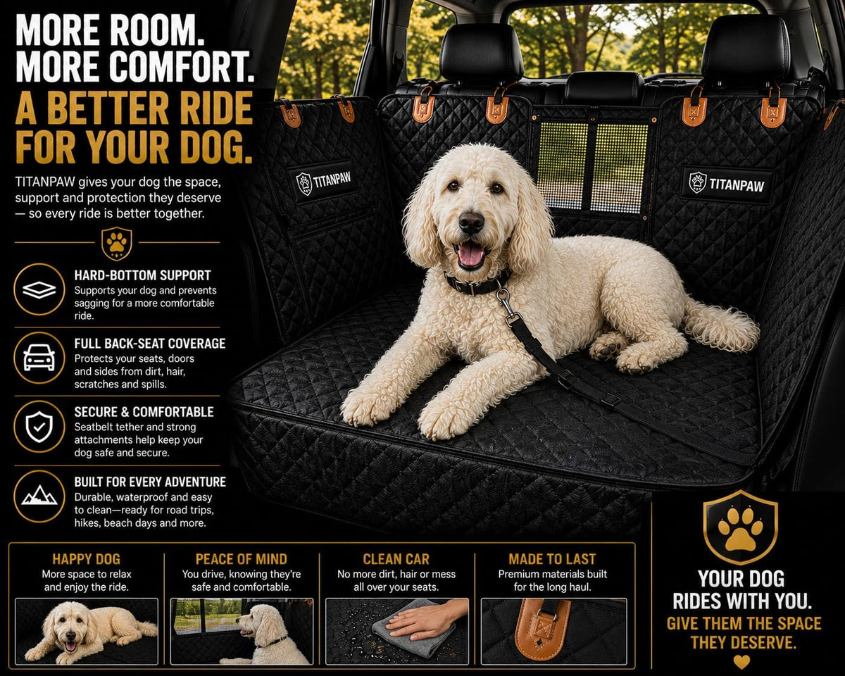 Hard-Bottom Dog Car Seat Cover for Back Seat, Flat Seat Extender for Large Dogs, Waterproof Non-Slip Pet Hammock with 400 lb Support, Fits SUVs, Trucks & Cars