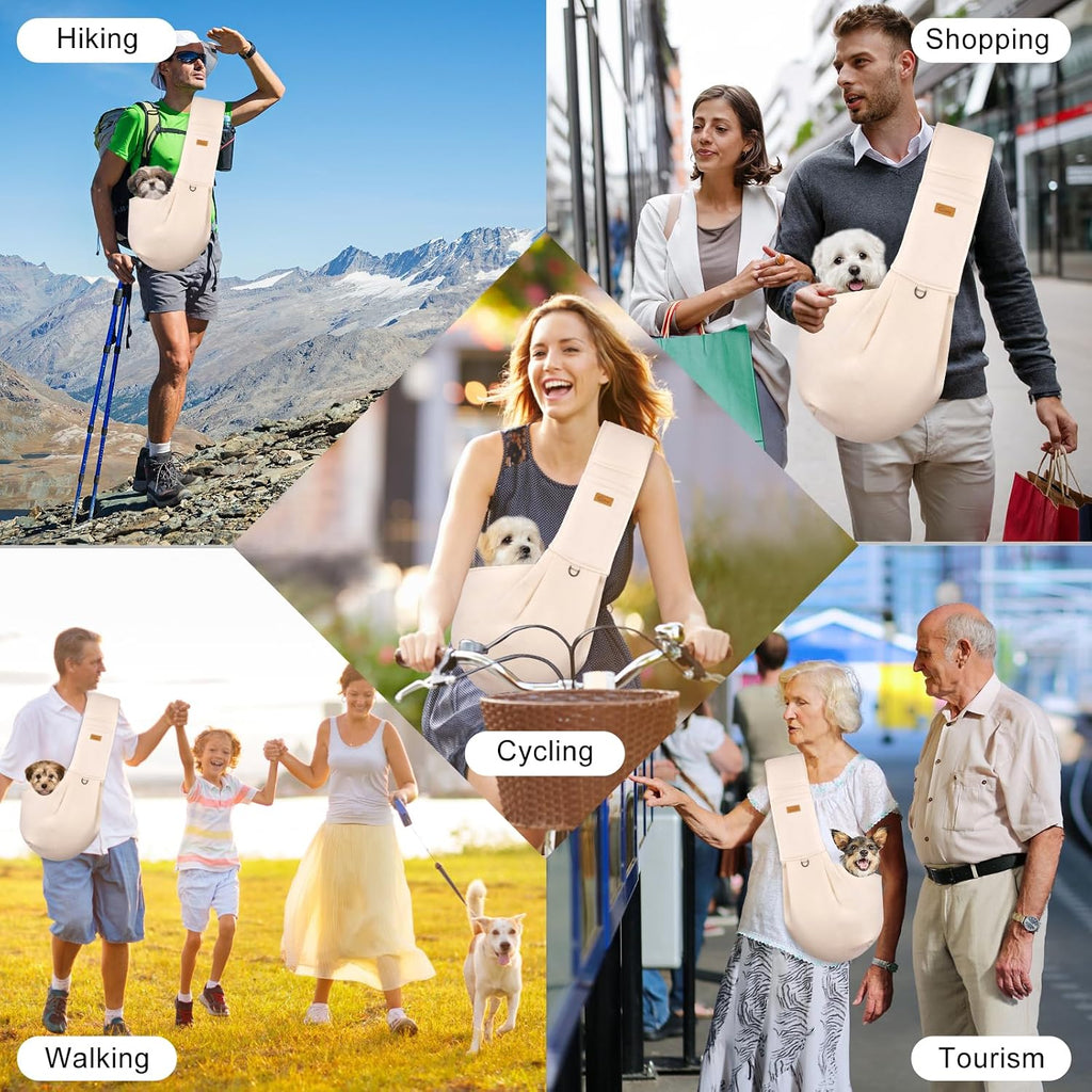 Dog Sling Hands Free Dog Sling Carrier Adjustable Strap Dog Carrier Sling Soft Cotton Dog Carrier Bag Dog Carriers with Pocket for Travel Outdoor(Beige)