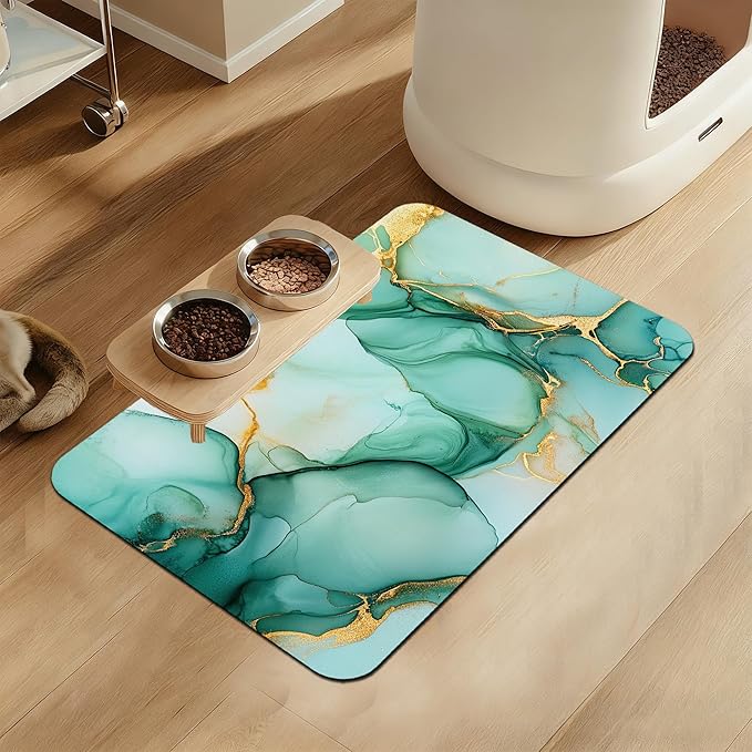 Green Marble Pet Feeding Mat for Floors–Christmas Stocking Absorbent Quick Dry by LUTASER