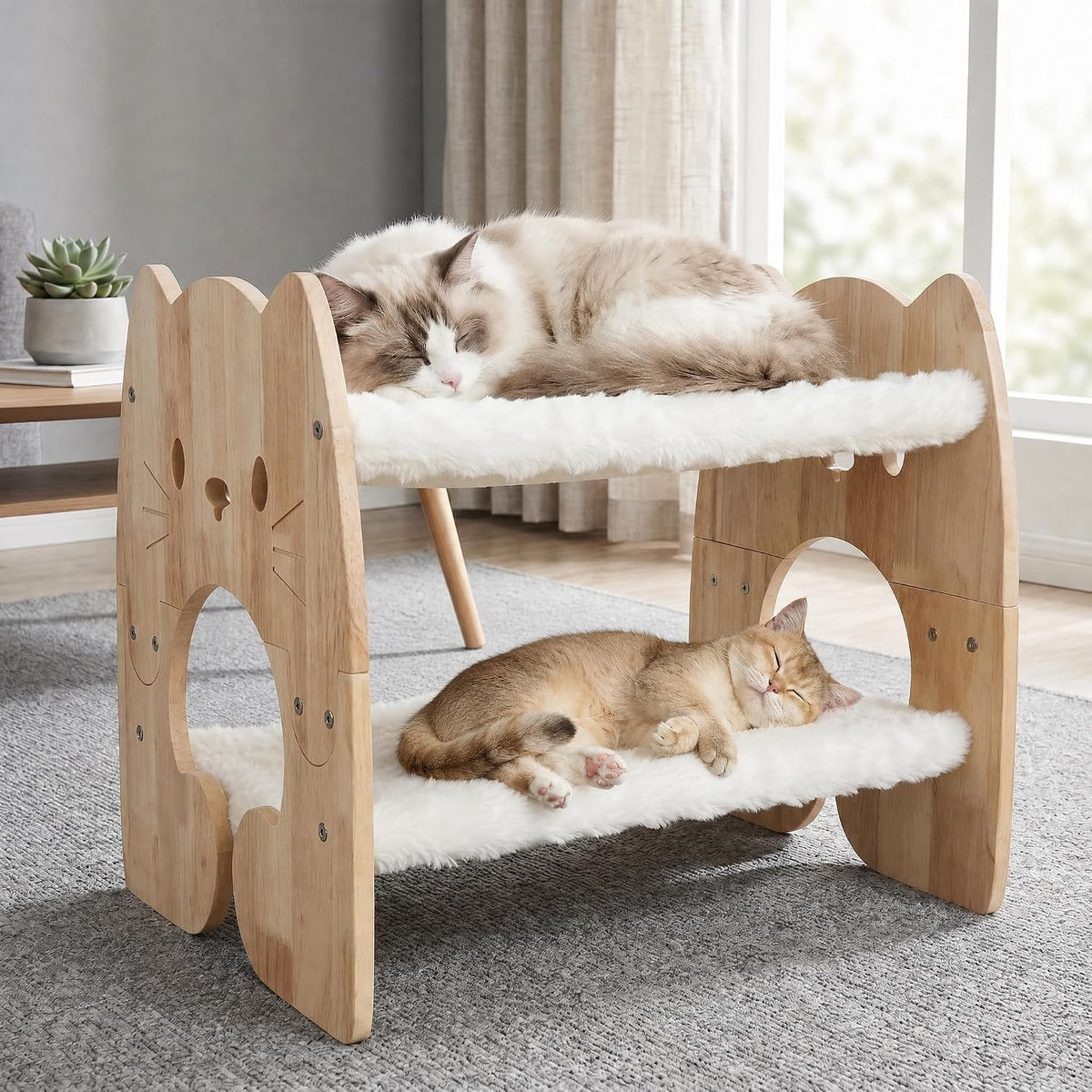 Elevated Cat Bed, Solid Rubberwood Cat Hammock with Breathable Cover