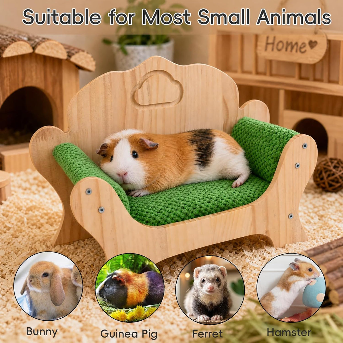 Guinea Pig Bed & Lizard Lounger Wooden Small Pet Sofa Couch with Soft Pineapple Fleece Cushion Pine Wood Bed for Guinea Pigs, Bearded Dragons, Hedgehogs, Hamsters