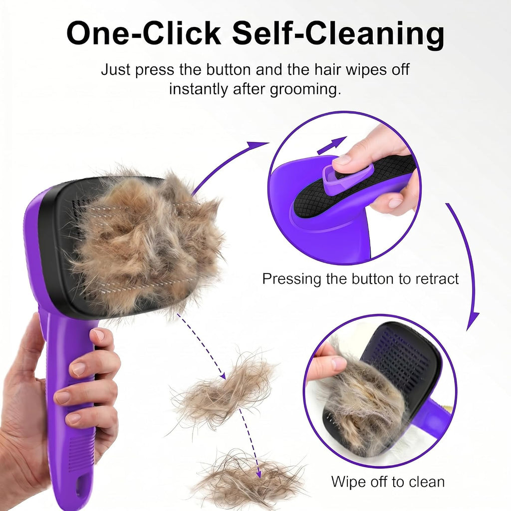 Self Cleaning Slicker Brush for Dog and Cat Shedding, Purple
