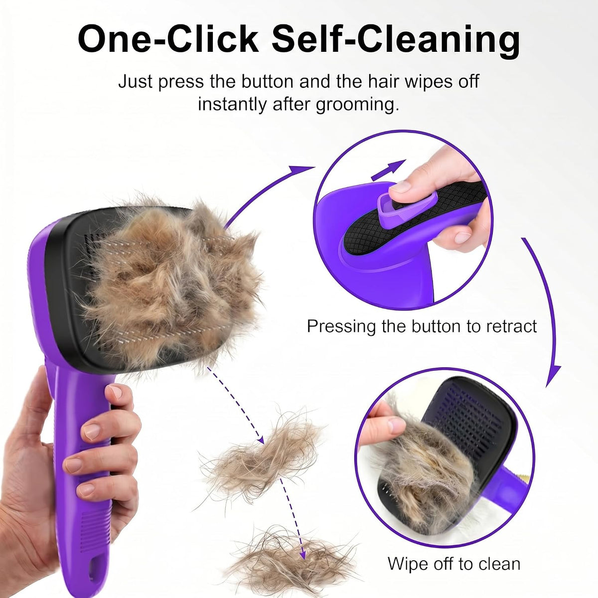 Self Cleaning Slicker Brush for Dog and Cat Shedding, Purple