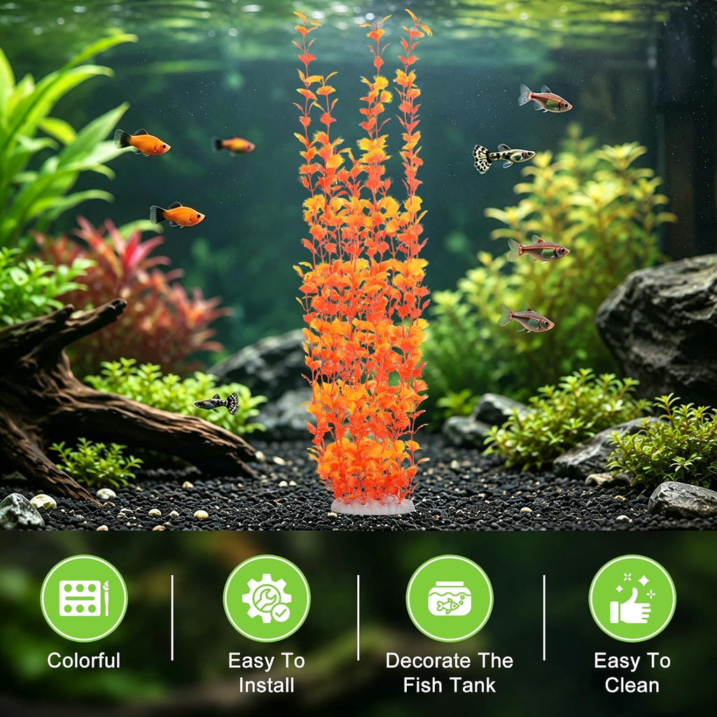 M METERXITY 2-Pack Tall Aquarium Plants, 23 Inch Plastic Large Artificial Fish Tank Plants for Aquarium Decor/Fish Tank Decorations Accessories [Style 2+3, Orange]